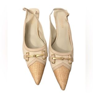 Women’s Bellofatto Italian Leather Fabric Cream Slingback Kitten Heels Size 9.5